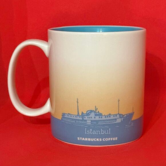 Starbucks Istanbul Turkiye Coffee Mug Global Icon 2012 Tan Light Blue EUC 16 Oz. - Picture 5 of 9
